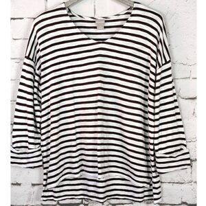 CHICO'S Striped Slub-Knit Top Hi-Lo Hem Casual Breathable Dark Brown White L/12